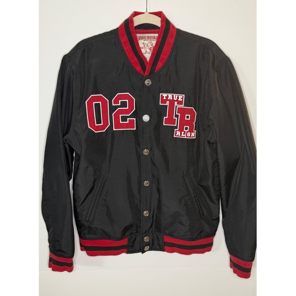 True Religion Black Red Tiger Graphic Bomber Varsity Jacket Men's Size‎ Large